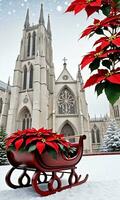 Photo Of Christmas Snowflakes Falling On A Sleigh Filled With Gifts And Poinsettia Plants Outside A Grand Cathedral. AI Generated