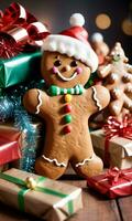 Photo Of Christmas Gingerbread Man Standing Next To A Pile Of Gifts Wrapped In Tinsel In A Bustling Bakery. AI Generated