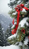 Photo Of Christmas Pine Tree Branches Draped With Red Ribbons Snowflakes And Jingle Bells Against A Snowy Mountain Backdrop. AI Generated