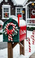 Photo Of Christmas SnowCovered Mailbox Filled With Candy Canes And Glass Ornaments Set Against The Backdrop Of A Snowy Village Street. AI Generated