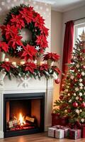 Photo Of Christmas Poinsettia Plant Surrounded By Snowflakes And Hanging Stockings With A Backdrop Of A Grand Fireplace. AI Generated