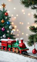 Photo Of Christmas Toy Train Circling A Tree. AI Generated