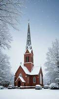 Photo Of Christmas SnowCovered Church Steeple. AI Generated