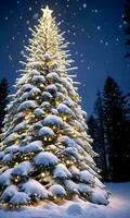 SnowCovered Pine Tree Adorned With Christmas Lights Night Outdoor Low Angle. AI Generated photo