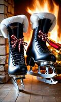 Photo Of Christmas Ice Skates Hanging By A Fire. AI Generated