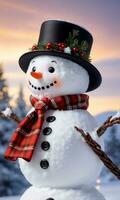 Snowman With A Garland Necktie Evening Light Snowy Backdrop Side View. AI Generated photo