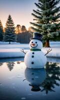 un monigote de nieve y Navidad árbol reflejado en un congelado estanque amanecer al aire libre largo disparo. ai generado foto