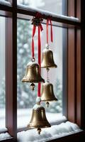 Ornamental Bells Hanging Beside A Snowy Window Daylight Indoor Side Shot. AI Generated photo