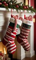 Christmas Stockings Filled With Candy Canes Morning Light Indoor CloseUp. AI Generated photo