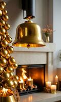 Golden Bells Ringing Softly Beside A Glowing Fireplace Evening Indoor Side View. AI Generated photo