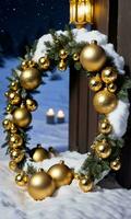 A Snowy Wreath Adorned With Golden Ornaments Moonlit Night Outdoor CloseUp. AI Generated photo