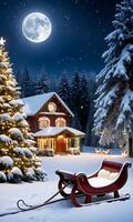 A SnowCovered Sleigh Next To A Sparkling Christmas Tree Moonlight Outdoor Wide Shot. AI Generated photo