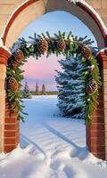 Pine Cones And Mistletoe Under A SnowCovered Archway Sunrise Outdoor WideAngle. AI Generated photo