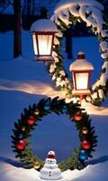 Lanterns Casting Shadows On A SnowCovered Christmas Wreath Night Outdoor Front View. AI Generated photo