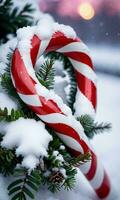 A Candy Cane Nestled In A Wreath Snowy Weather Dusk Outdoor CloseUp Angle. AI Generated photo