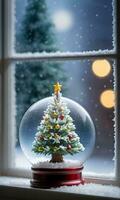 A Snow Globe Containing A Christmas Tree Backlit CloseUp On A Frosty Window Sill. AI Generated photo
