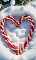 Candy Canes Forming A Heart Shape On A Snowy Wreath Sunset Outdoor Aerial View. AI Generated photo