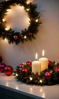 Christmas Candles Illuminating A Room With A Wreath Evening Indoor Medium Shot. AI Generated photo