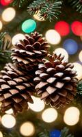 Pine Cones Nestled In Christmas Lights Evening Indoor Setting Macro Shot. AI Generated photo