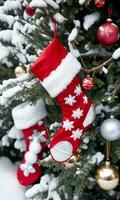 Stockings And Ornaments Under A SnowCovered Tree Midday Outdoor CloseUp. AI Generated photo