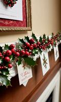 Holly Berries On A Mantel With Christmas Cards Afternoon Indoor Medium Shot. AI Generated photo