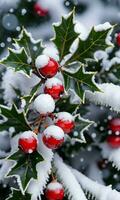 acebo y muérdago en un Nevado Navidad árbol amanecer al aire libre de cerca disparo. ai generado foto