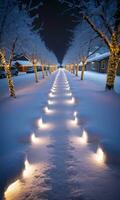 Christmas Lights Illuminating A SnowCovered Pathway Night Outdoor WideAngle. AI Generated photo