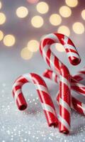 Candy Canes With Sparkling Lights In The Background. AI Generated photo