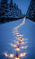 Christmas Lights Creating A Path In The Snow At Night. AI Generated photo