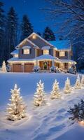 Sparkling Christmas Lights On A SnowCovered House. AI Generated photo