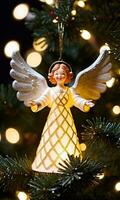 A Glowing Angel Topper On A Christmas Tree At Night. AI Generated photo