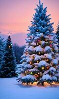 un nevado Navidad árbol con vistoso luces a oscuridad. ai generado foto