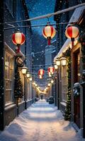 A Snowy Street Illuminated By Vintage Christmas Lanterns. AI Generated photo