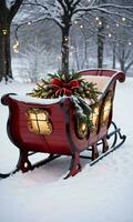 un antiguo trineo decorado con Navidad luces en el nieve. ai generado foto