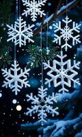 Sparkling Snowflakes Hanging From Tree Branches At Night. AI Generated photo