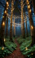 un mágico bosque con arboles adornado con Navidad luces. ai generado foto