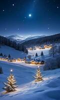 un nevado paisaje iluminado por luz de la luna y Navidad luces. ai generado foto