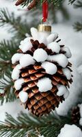 A CloseUp Of A SnowCovered Pinecone Ornament. AI Generated photo