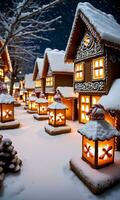 Festive Lanterns Illuminating A SnowCovered Gingerbread Village Night Indoor WideAngle. AI Generated photo
