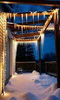 Icicles Hanging Beside Twinkling Fairy Lights Twilight Outdoor Porch WideAngle. AI Generated photo