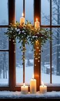 Glowing Candles Beside A SnowCovered Window With Hanging Mistletoe Dusk Indoor Front View. AI Generated photo