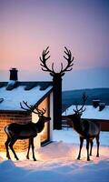 Reindeer Silhouettes On A Snowy Rooftop Next To A Lit Chimney Dusk Outdoor Side Angle. AI Generated photo