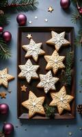 Pine Branches Adorned With StarShaped Cookies Twilight Indoor Festive Table CloseUp. AI Generated photo