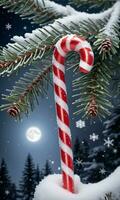 A Candy Cane Nestled In A Pine Tree Branch With Snowflakes Falling Captured In Moonlight. AI Generated photo