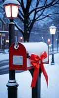 un rojo cinta envuelto alrededor un nevado buzón con luces de la calle brillante a crepúsculo. ai generado foto