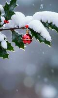 A Jingle Bell Attached To A Holly Branch With A Snowy Backdrop Photographed In Soft Morning Light. AI Generated photo