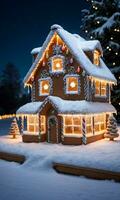 A Gingerbread House Covered In Snow With Christmas Lights Reflecting Off The Icy Surface Shot At Night. AI Generated photo
