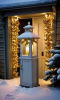 A Frosty Lantern Illuminating A Path Leading To A Door With A Golden Bow Shot At Twilight. AI Generated photo