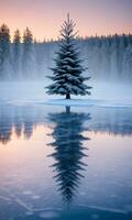 un Navidad árbol reflexión en un congelado lago rodeado por Nevado paisaje a amanecer. ai generado foto