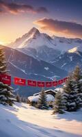 un Nevado montaña paisaje con Navidad pancartas fluido en el brisa capturado a puesta de sol. ai generado foto